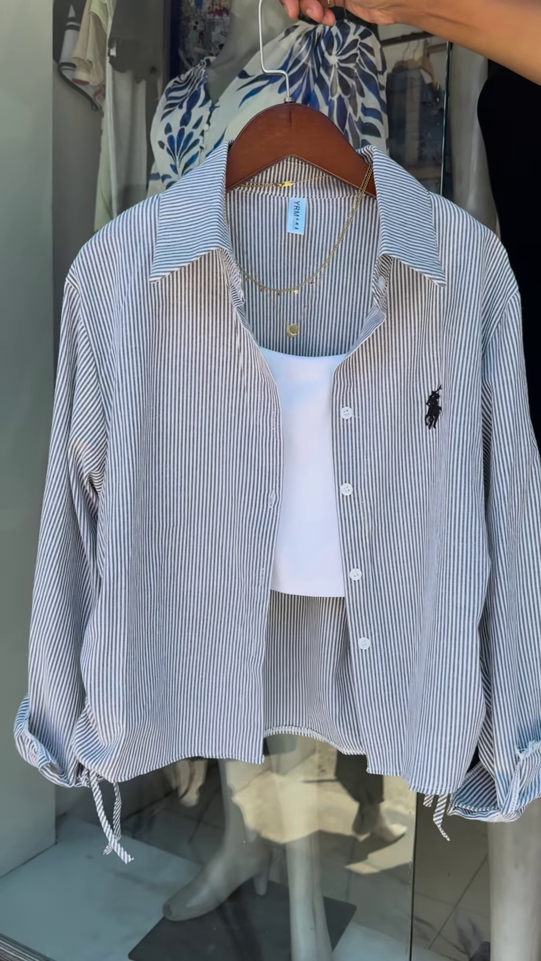 Mint Striped Drawstring Shirt with White Crop Tank Breezy Layered Look - Image 4