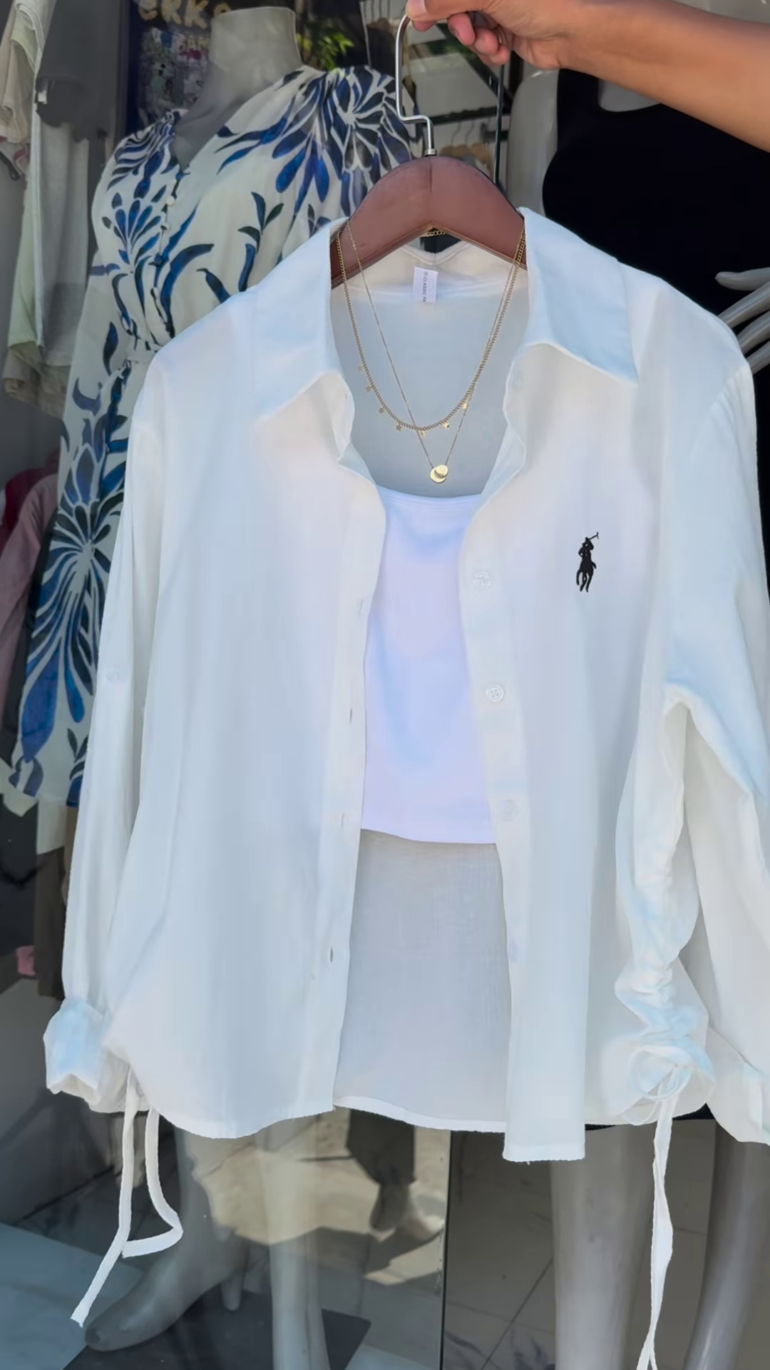 Mint Striped Drawstring Shirt with White Crop Tank Breezy Layered Look - Image 3