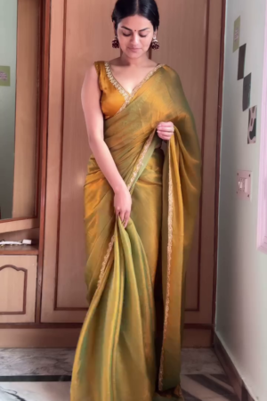Elegant Golden Olive Silk Saree with Embroidered Border – Traditional Festive Wear