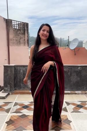 Luxurious Maroon Velvet Saree with Embellished Border – Elegant Party & Wedding Wear
