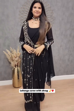 Designer Black Lehenga Saree with Embroidered Shrug – Elegant Party & Wedding Wear