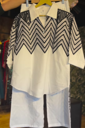 Elegant Monochrome Zigzag Embroidered Co-Ord Set (2-Piece)