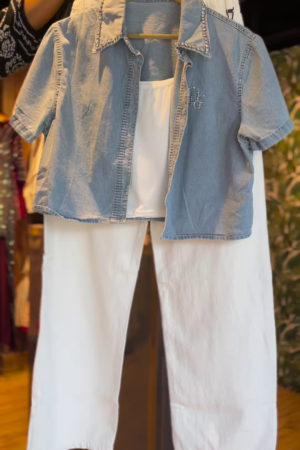 Embellished Denim Coord Set with White Wide-Leg Pants