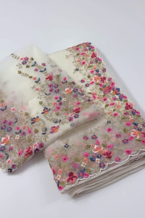 Ivory Organza Dupatta with Multicolor Floral Embroidery