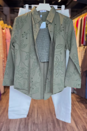 Olive Green Eyelet Embroidered Coord Set