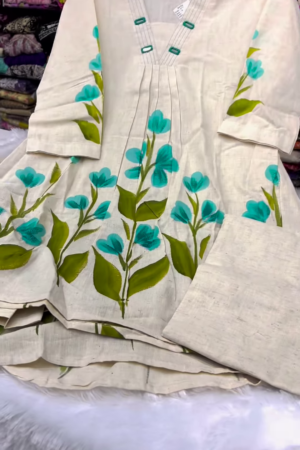 Cream Hand-Painted Floral Kurti with Pant Elegant Ethnic Wear Set