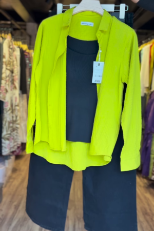 Lime Green Crinkle Shirt & Black Co-ord Set