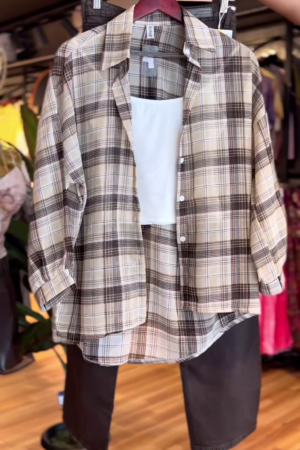 Classic Beige Checkered Shirt Co-ord Set with White Tank & Black Pants
