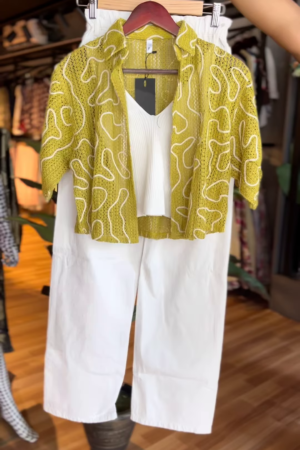 Lime Mesh Shirt Co-ord Set with White Ribbed Tank & Wide-Leg Trousers