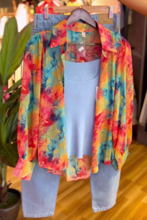 Tropical Watercolor Shirt Co-ord Set with Sky Blue Ribbed Tank & Light Wash Denim