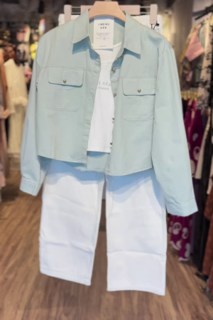 Seafoam Utility Shirt Co-ord with Graphic White Tee & Wide-Leg Trousers