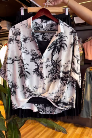 Monochrome Palm-Print Satin Co-ord with Draped Top & Sheer Layered Skirt