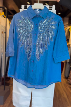 Midnight Wings Embellished Denim Shirt with Sequin Detailing