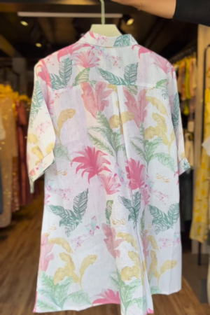 Tropic Whisper Cotton Shirt Pastel Leaf Print Resortwear