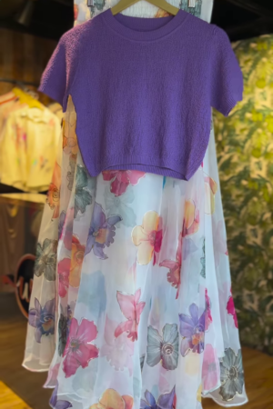 Lavender Whimsy: Textured Knit Top & Watercolor Bloom Skirt Set