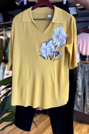 Golden Bloom: Collared Tee & Cropped Pants Set