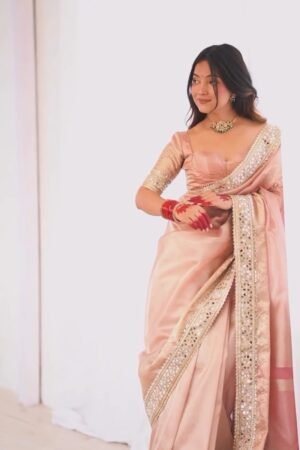 Pastel Peach Mirror-Work Silk Saree with Elegant V-Neck Blouse