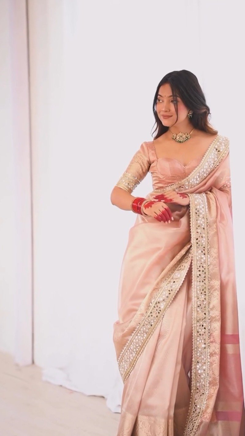 Pastel Peach Mirror-Work Silk Saree with Elegant V-Neck Blouse