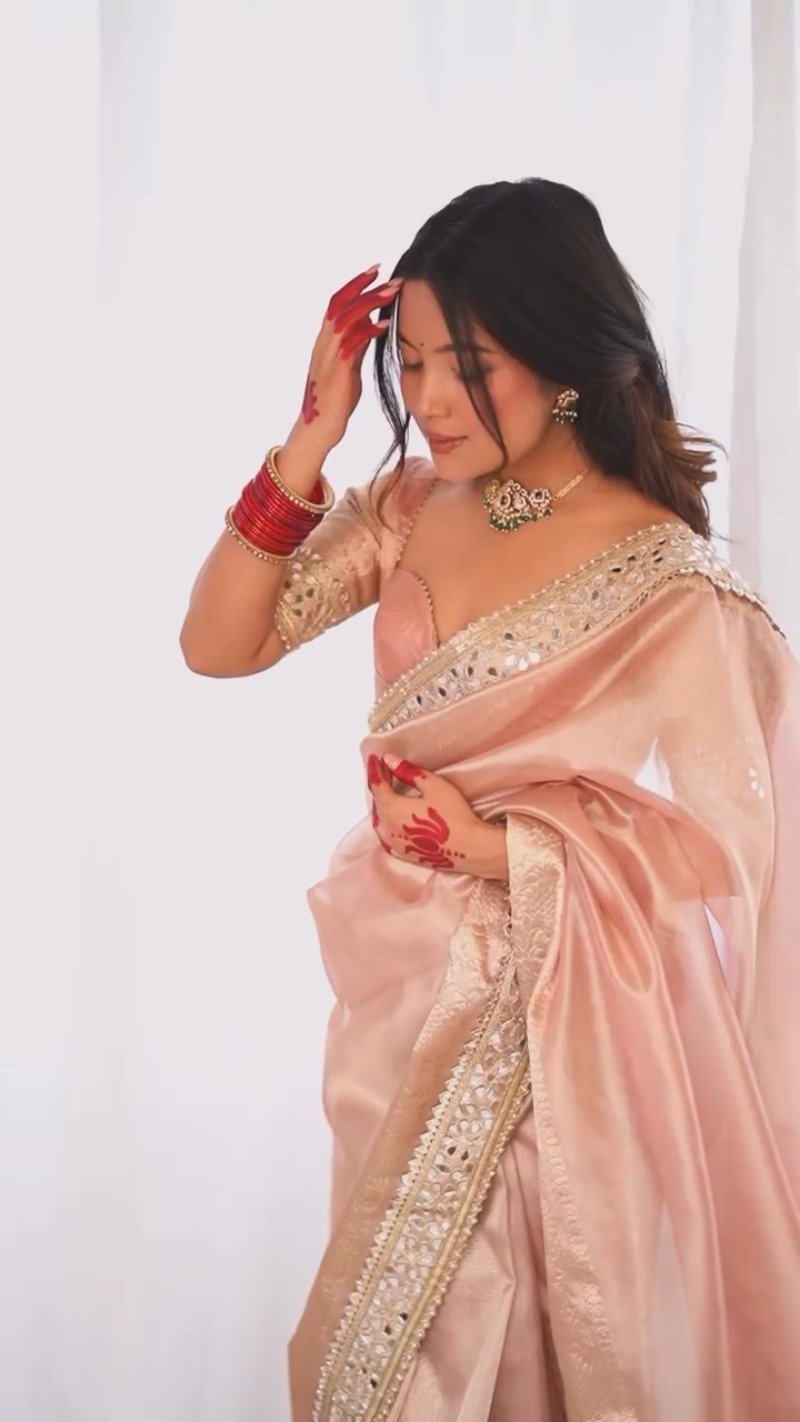 Pastel Peach Mirror-Work Silk Saree with Elegant V-Neck Blouse - Image 7