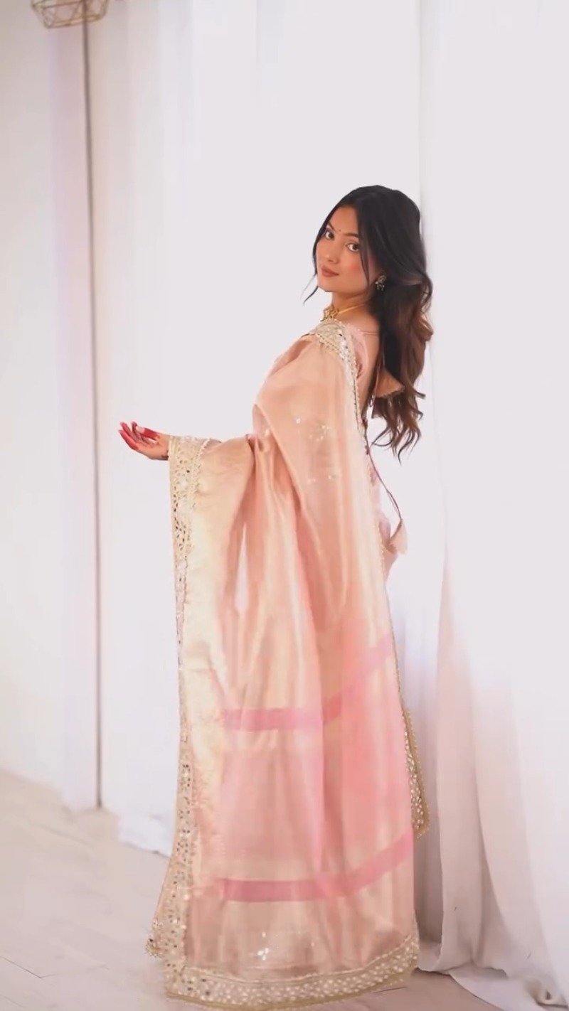 Pastel Peach Mirror-Work Silk Saree with Elegant V-Neck Blouse - Image 4