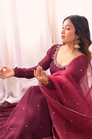 Enchanting Wine Red Embroidered Anarkali Suit Set
