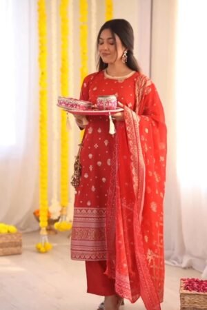 Radiant Ruby Festive Kurta & Sharara Set with Floral Embroidery β Available in Crimson Red & Sunset Scarlet