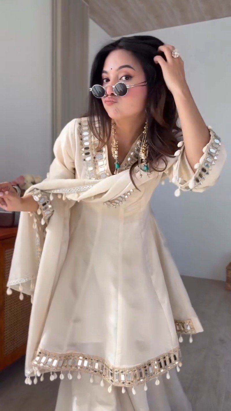 Ethereal Ivory Mirror-Work Peplum Kurta Set - Image 3