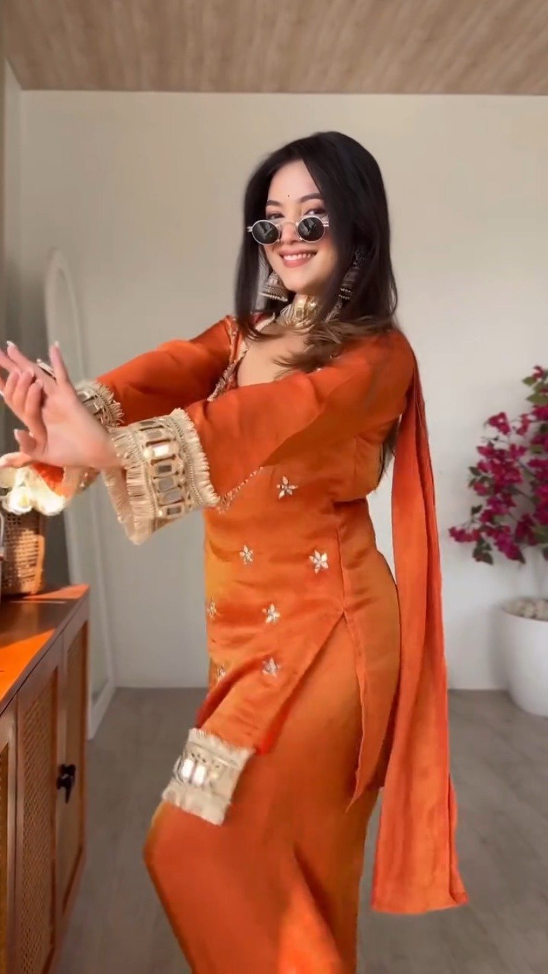 Amber Radiance Mirror-Work Kurta & Sharara Set - Image 5
