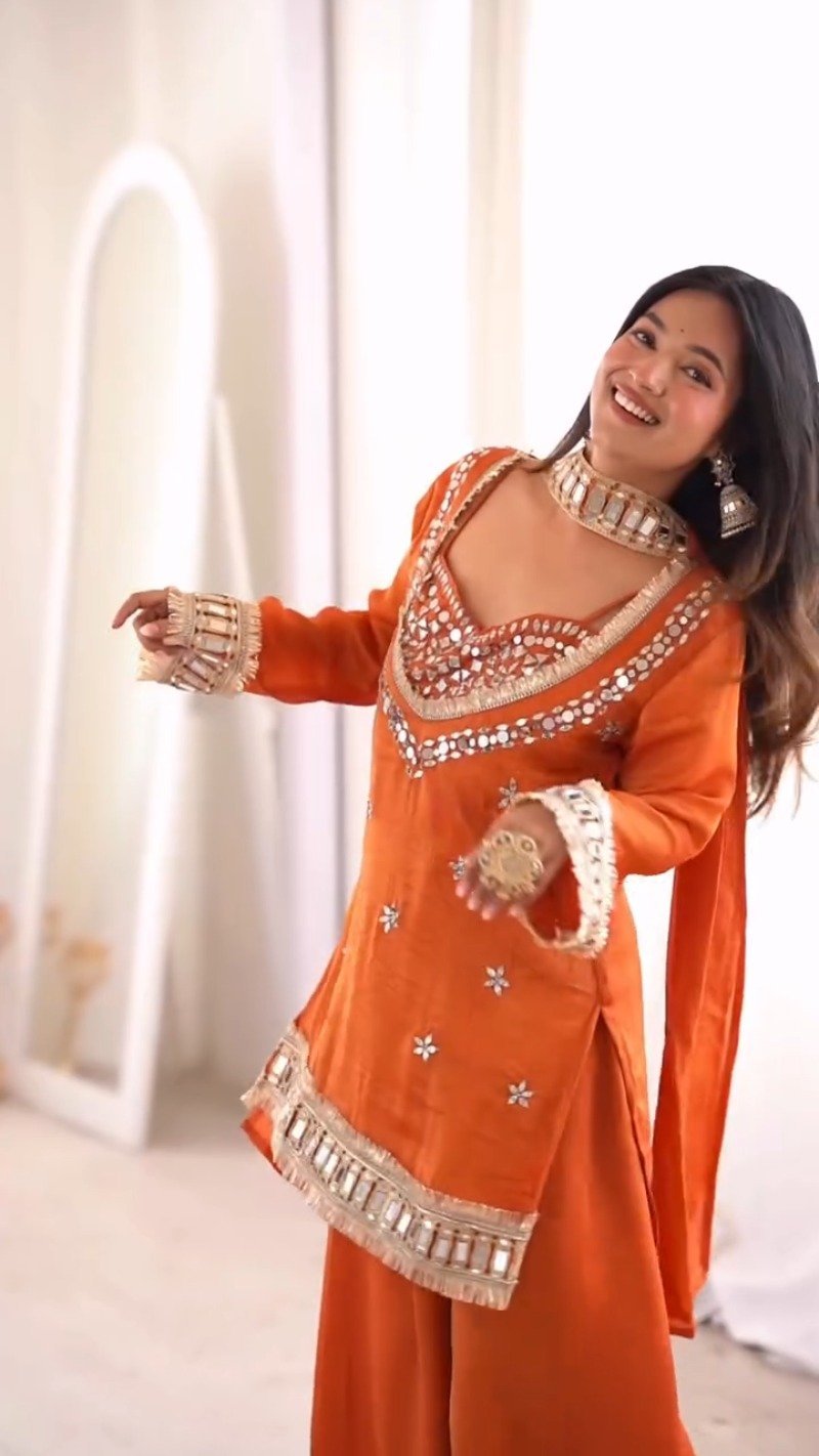 Amber Radiance Mirror-Work Kurta & Sharara Set - Image 2