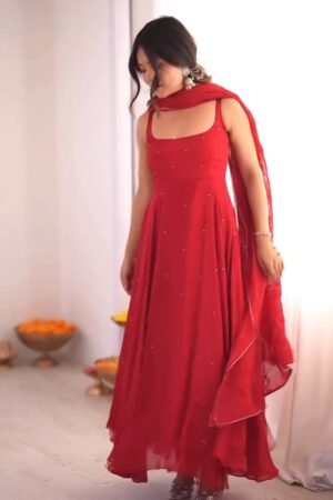 Astra Ruby Red Flowing Maxi Kurta Set with Mirror Embellishments