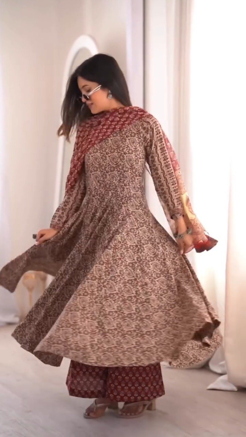 Elegant Floral Print Anarkali Kurta Set with Dupatta β Available in Deep Plum & Midnight Blue - Image 2