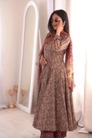 Elegant Floral Print Anarkali Kurta Set with Dupatta – Available in Deep Plum & Midnight Blue