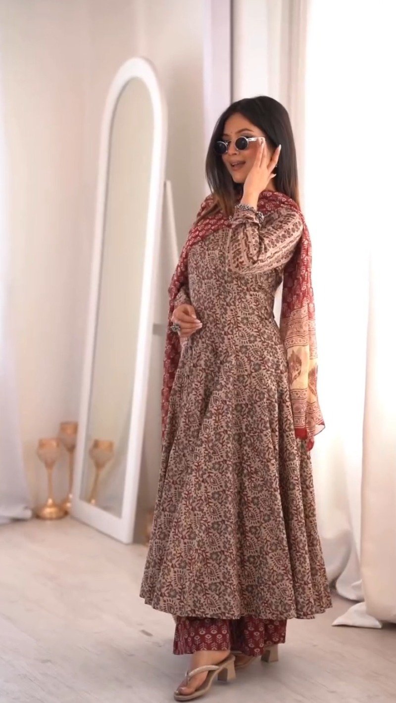 Elegant Floral Print Anarkali Kurta Set with Dupatta β Available in Deep Plum & Midnight Blue