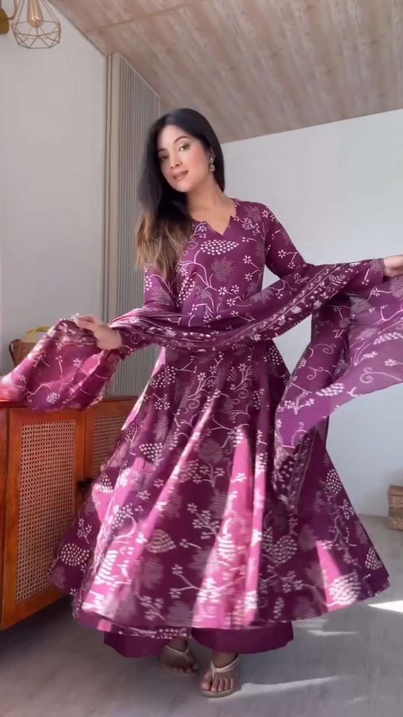 Elegant Floral Print Anarkali Kurta Set with Dupatta β Available in Deep Plum & Midnight Blue - Image 5
