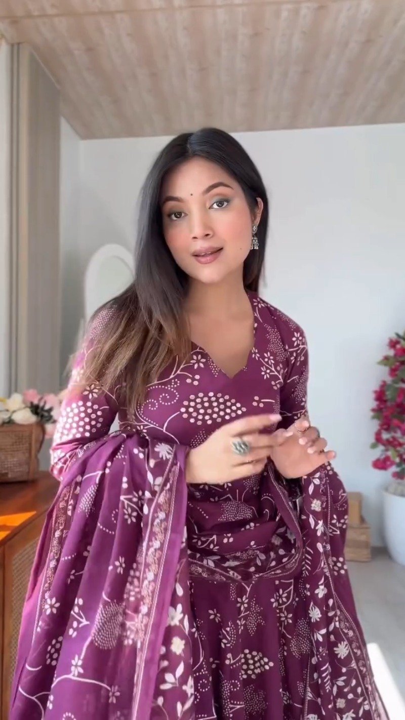 Elegant Floral Print Anarkali Kurta Set with Dupatta β Available in Deep Plum & Midnight Blue - Image 6
