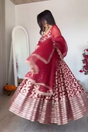 Royal Maroon Floral Brocade Lehenga Set with Metallic Border