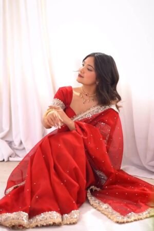 Scarlet Radiance Embellished Net Saree – A Masterpiece of Traditional Elegance