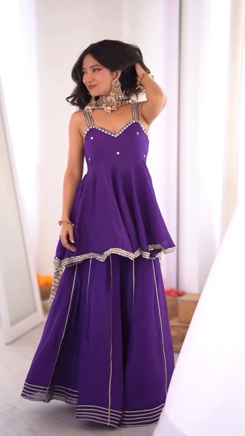 Royal Violet Mirror-Work Peplum Sharara Set - Image 3