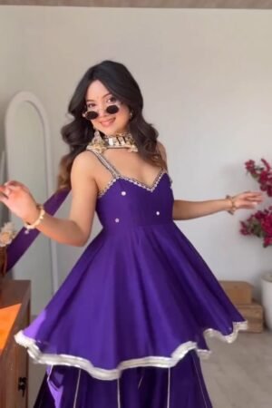 Royal Violet Mirror-Work Peplum Sharara Set