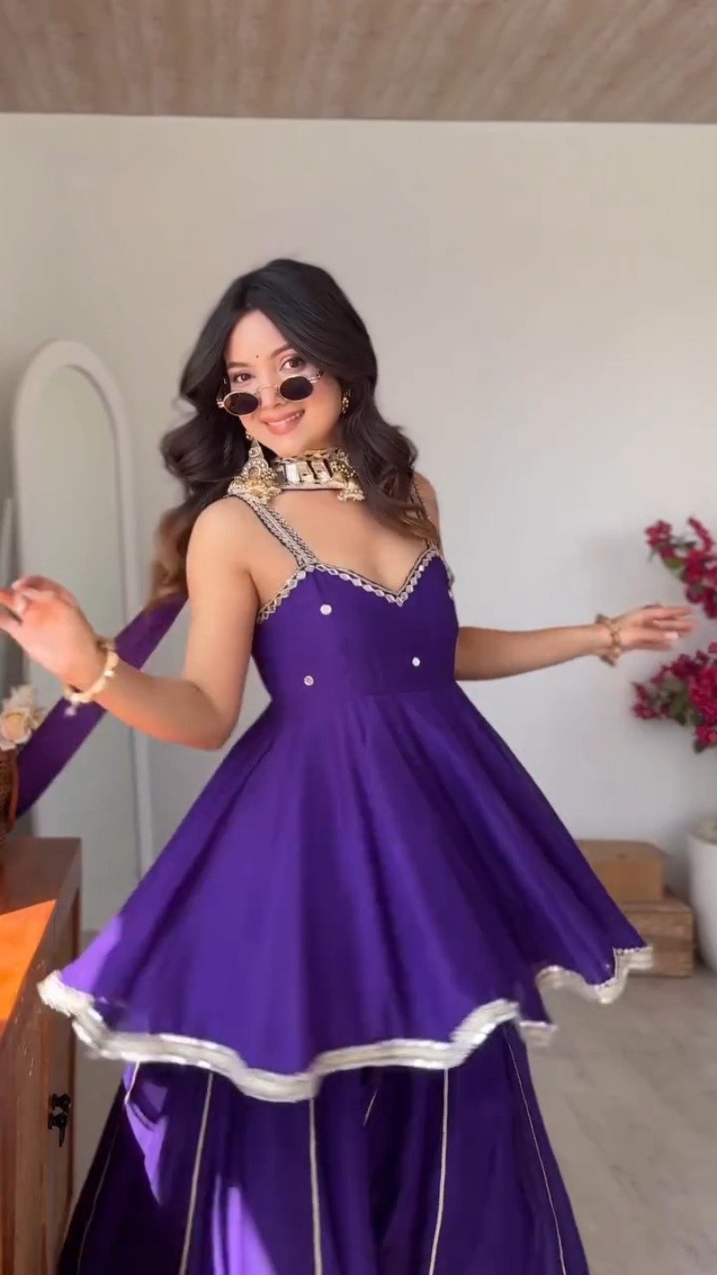 Royal Violet Mirror-Work Peplum Sharara Set