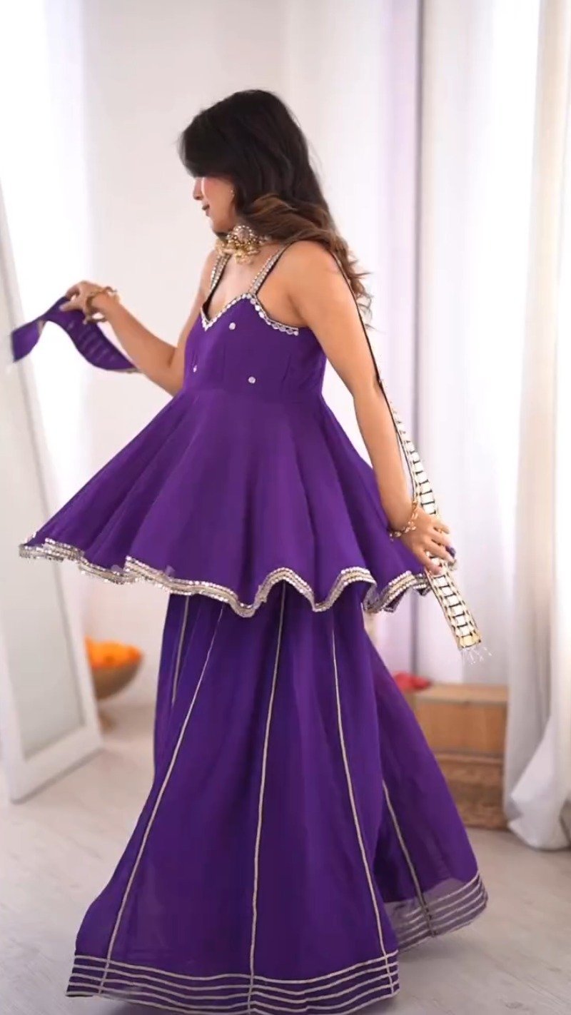 Royal Violet Mirror-Work Peplum Sharara Set - Image 4