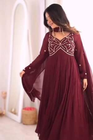 Royal Maroon Pleated Anarkali Suit with Embroidered Yoke & Delicate Detailing
