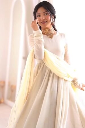 Ethereal Cream & Gold Anarkali Ensemble with Delicate Dupatta – Available in Cream & Soft Peach