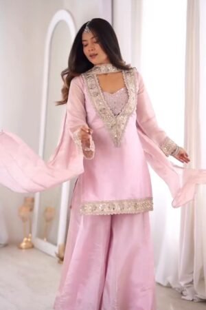 Ethereal Pastel Pink Mirror-Work Kurta & Palazzo Set