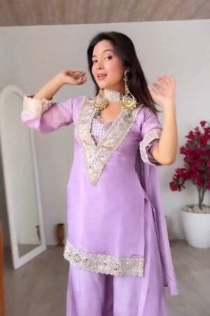 Lavish Lavender Organza Sharara Set with Scalloped Handwork Embroidery