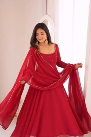 Scarlet Radiance Floor-Length Anarkali Set with Embellished Neckline