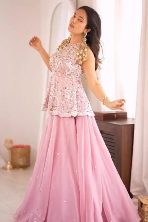 Enchanting Petal Pink Embroidered Peplum Top and Lehenga Set