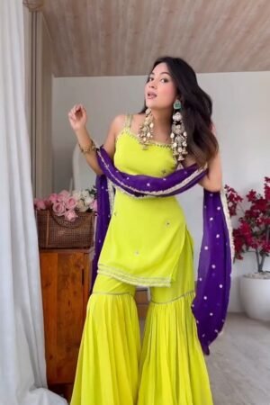Vibrant Lime Green Sharara Set with Contrast Purple Dupatta – Ethnic Festive Ensemble