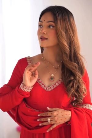 Scarlet Radiance Embroidered Georgette Anarkali Gown