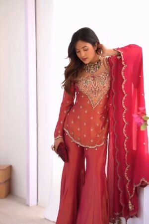 Scarlet Radiance Embroidered Sharara Set with Scalloped Dupatta